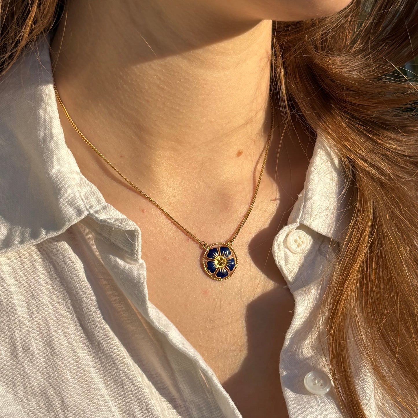 Vintage Gold Chain with Blue Enamelled Pendant