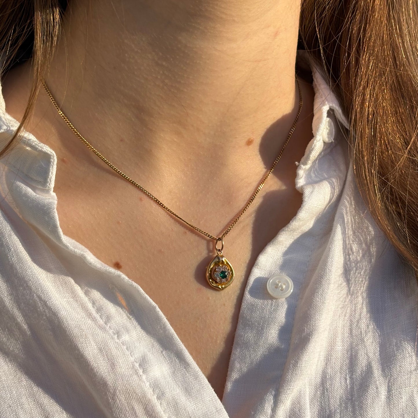 Vintage Gold Teardrop Pendant with Emerald and Zirconia