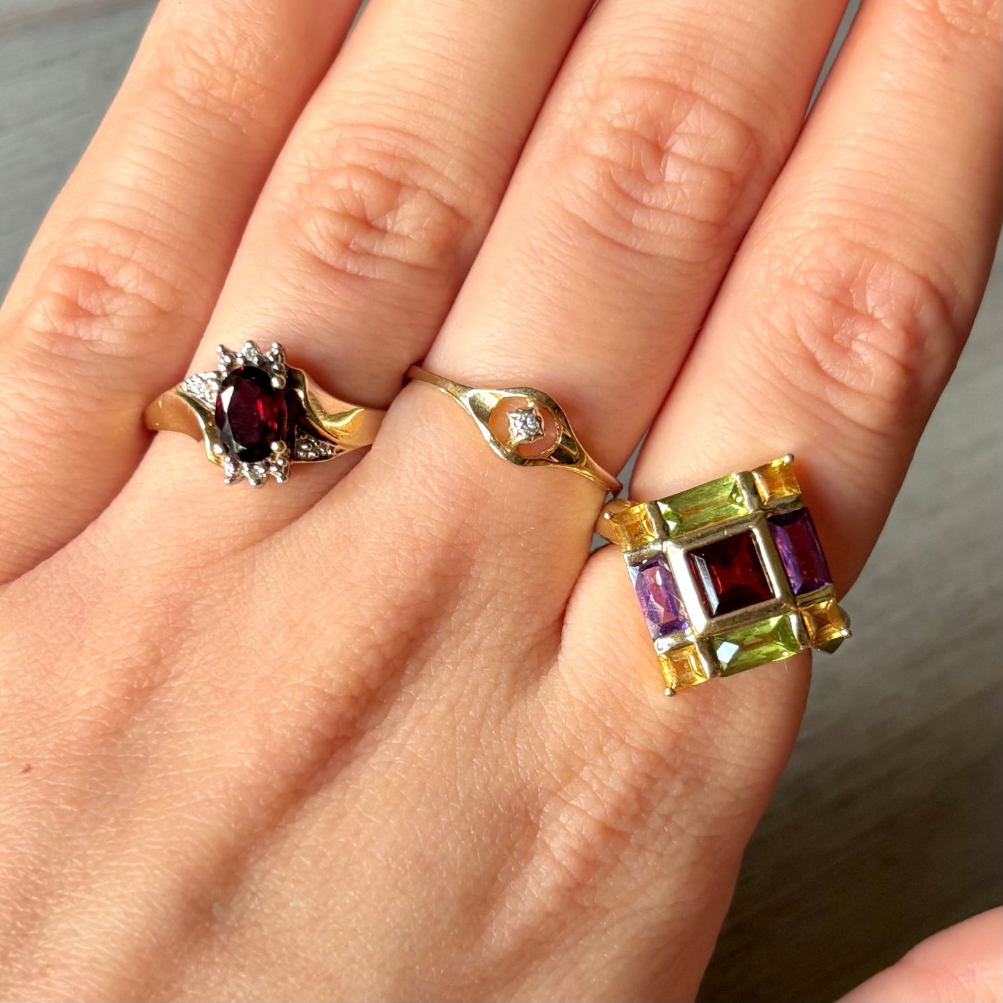 Vintage Gold Garnet Amethyst Peridot and Citrine Set Ring