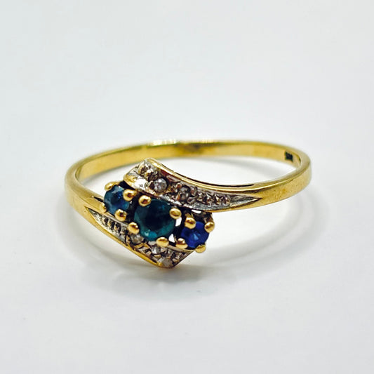 Vintage Gold Bypass Ring with Sapphire and Accent Diamonds