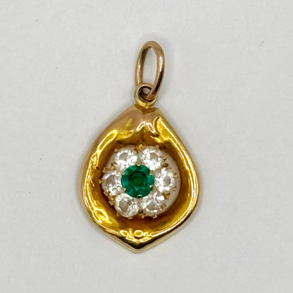 Vintage Gold Teardrop Pendant with Emerald and Zirconia